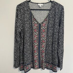 J. Jill Black and White Floral Blouse with Red Accents